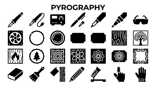 Collection of pyrography tools and decorative wood burning patterns for artisanal crafts and creative hobbies