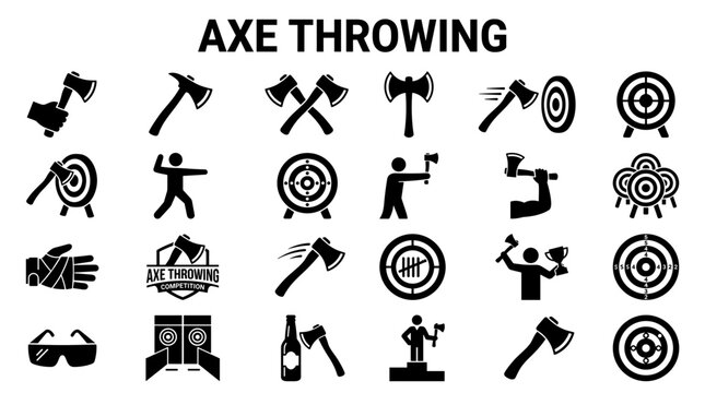 Axe Throwing Sport Icons and Symbols Set for Competition and Leisure Activities