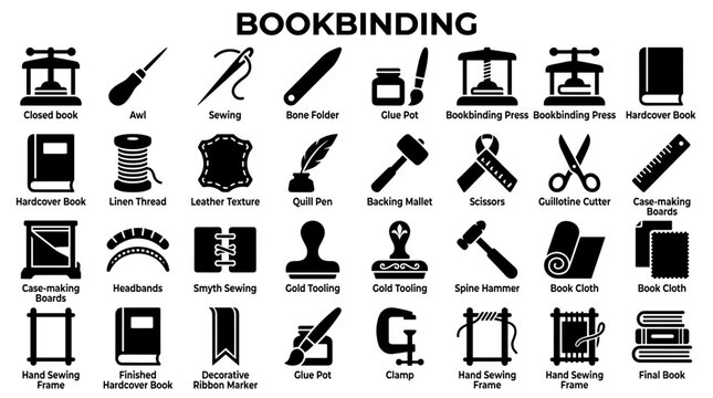 Bookbinding Tools and Materials Collection Icons Representing the Craft of Book Making and Publishing Industry