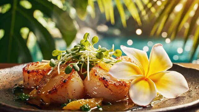 Pan seared scallops garnished with microgreens and frangipani flower on a wooden table in a tropical resort