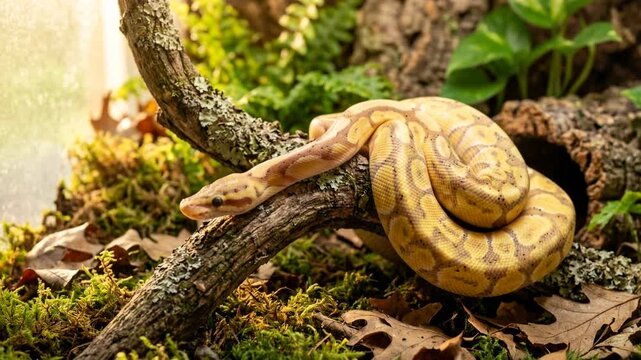 banana cinnamon ball python in ghana rainforest golden morning light video