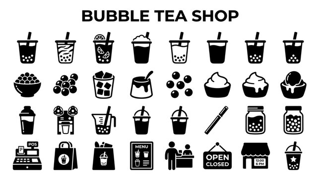 Collection of bubble tea shop icons and elements representing beverages, food, and business operations in a modern graphic style