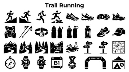 Naklejka premium Trail Running Gear and Icons Collection Illustrating Outdoor Sports and Adventure Activities for Health and Fitness Concepts