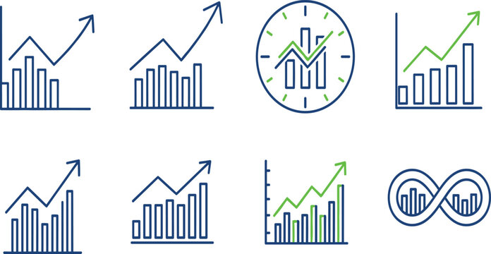Business Growth Chart Icon Set with Bar Graphs, Line Charts, and Finance Analytics Symbols for Investment, Market, and Corporate Designs