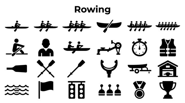 Rowing sport icons set vector illustration of rowing boats athletes oars stopwatch life vest and finish line symbols