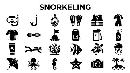 Collection of snorkeling and diving equipment icons and marine life illustrations for summer water sports and ocean exploration themes © Iconique Studio
