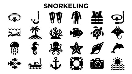 Snorkeling Equipment and Marine Life Icons Set Vector Illustration of Underwater Adventure and Ocean Exploration Symbols © Iconique Studio