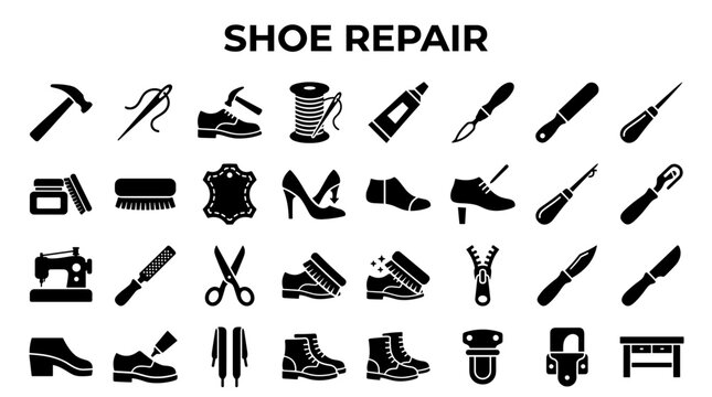Shoe Repair Icons Set Collection Featuring Tools and Footwear Elements for Craftsmanship and Maintenance Services