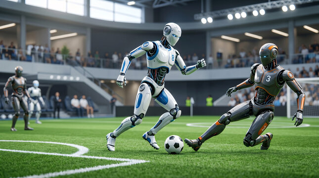 Robots Humano&iuml;des Jouant au Football sur un Terrain
