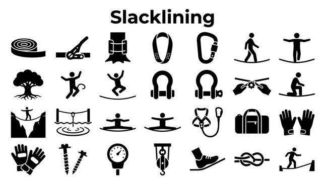 Collection of icons and symbols representing slacklining and climbing equipment, activities, and safety gear for outdoor sports and recreation.