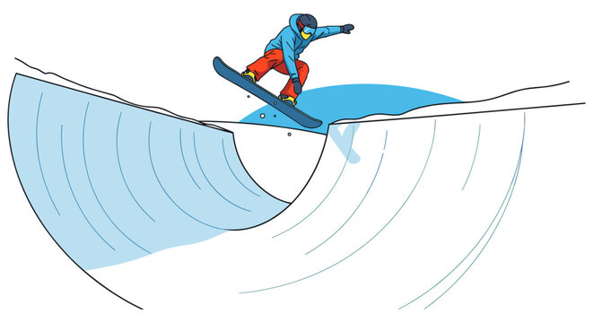 Vector illustration of a snowboarder performing a halfpipe trick with snowboarder snowboarding halfpipe freestyle mountain competition adventure