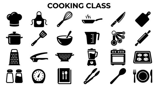 Collection of kitchen utensils and cooking equipment icons for culinary class or restaurant menu design