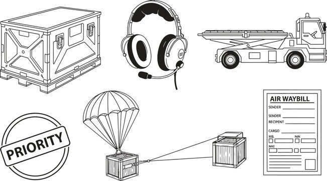 Set of air cargo and logistics line art icons including shipping containers an aviation headset ground support vehicle parachute delivery priority stamp and air waybill perfect for global transportati