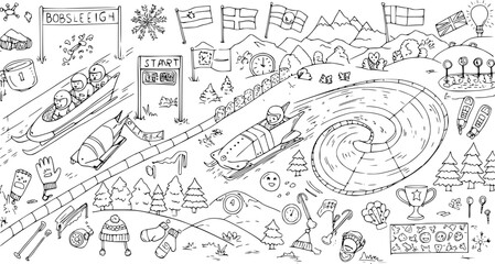 Obraz premium Winter Sports Bobsleigh Race Hand Drawn Doodle Line Art Illustration. Black and White Sketch of Bobsled Track, Athletes, Winter Equipment, and Symbols.