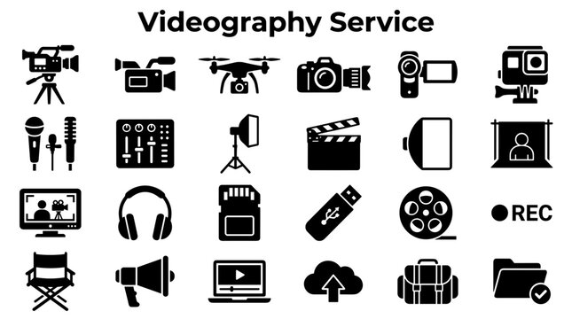 Videography service equipment icons for film production and content creation technology including cameras drones microphones and editing tools