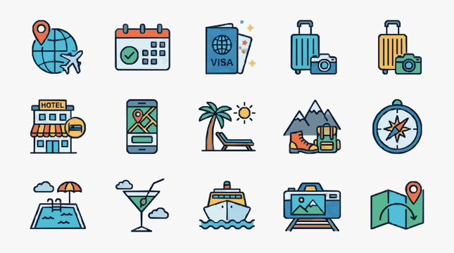 Elegant Travel Essentials and Adventure Icons Collection for Planning Memorable Journeys with high professional line art symbols for modern creative design and digital branding projects