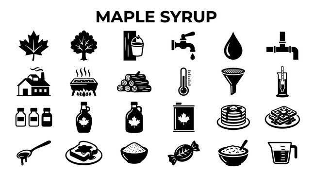 Maple Syrup Production and Consumption Icons Set Featuring Trees Sap Buckets Logs Thermometer Pancakes and Jars