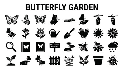 Fototapeta premium Butterfly Garden Icons and Symbols Collection Illustrating Nature Insects Plants Gardening Tools and Weather Elements in Black and White