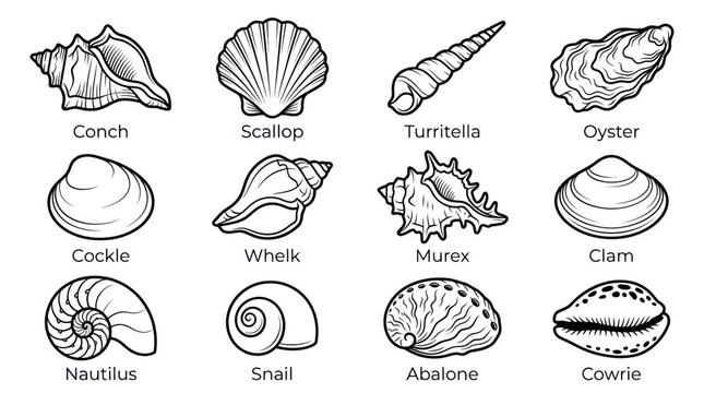 Collection of Seashell Illustrations: Conch, Scallop, Oyster, Nautilus, and more