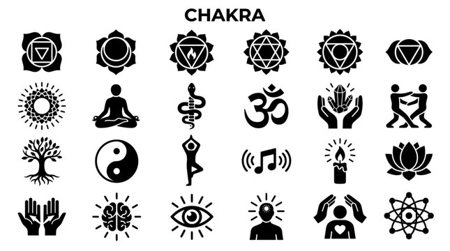 Collection of spiritual and holistic symbols representing chakra energy balance mindfulness meditation yoga and well-being icons for wellness and alternative therapy concepts