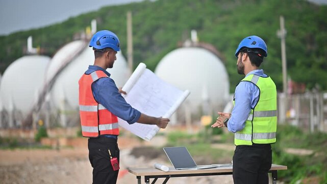 Engineers wearing safety gear, including hard hats examining survey a large blueprint tablet standing industrial facility gas or oil refinery engaged in a job requires high safety standards concept.	