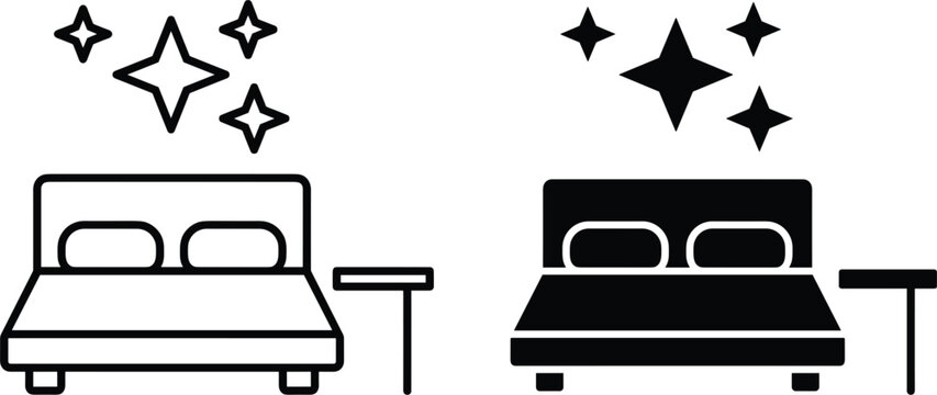 Clean hotel room vector icons set featuring double bed nightstand sparkles outline and solid variations