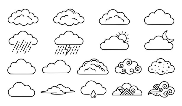 Cloud collection thin line icon set weather and sky outline symbols