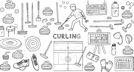 Hand-drawn Black and White Line Art Doodle Collection of Curling Sport Equipment, Player, and Game Elements © mixeila