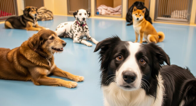 A diverse group of dogs of various breeds and colors lying and sitting on a blue floor in a well-lit indoor space with kennels in the background.