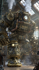 Fototapeta premium Giant Steampunk Mechanical Robot Golem in Victorian Factory