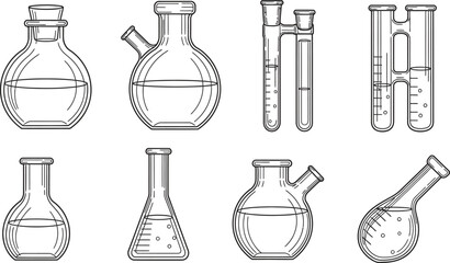 Various laboratory glassware including flasks beakers and test tubes depicted in a detailed line art vector illustration for science education and chemical experiments © Zohaib