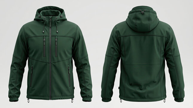 A green hooded jacket mockup displayed from both the front and back sides