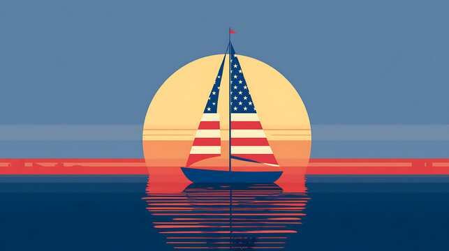 Sailboat with American flag sails reflecting on calm water at sunset