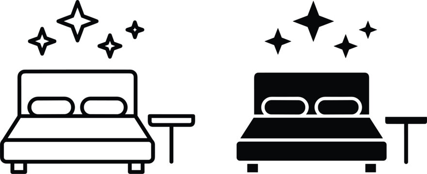 Clean hotel room vector icons set featuring double bed nightstand sparkles outline and solid variations