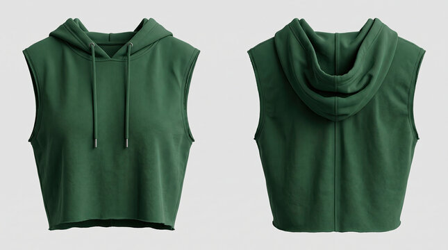 Green sleeveless hoodie mockup with drawstrings and cowl neck displayed on a plain background