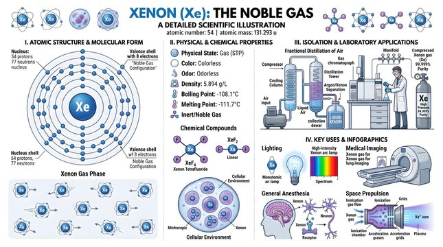 Xenon (Xe) the noble gas &ndash; detailed scientific illustration combining atomic and molecular forms, bulk gas behavior, physical properties, formation of xenon compounds, industrial and laboratory applic