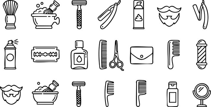 Barbershop grooming and men haircare thin line icon set with grooming haircare scissors mustache