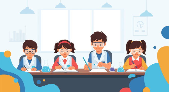 Flat vector illustration of four diverse elementary students wearing safety goggles and lab coats while sitting at a lab desk, writing in notebooks and experimenting with beakers.