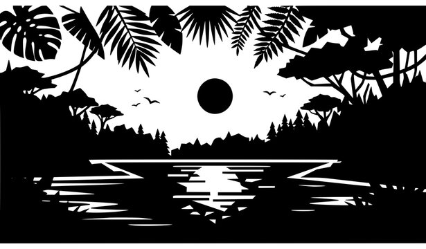 Abstract jungle lake vector graphic bold black and white tropical rainforest silhouette illustration