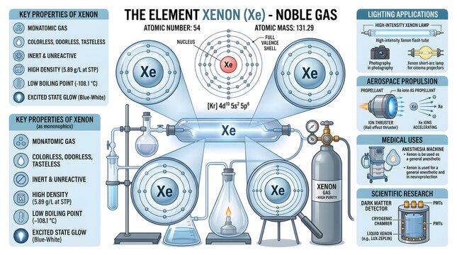 The element xenon (Xe) &ndash; noble gas infographic illustrating atomic/bohr structure, key physical properties, colorless gaseous nature, laboratory equipment, aerospace propulsion thrusters, medical anes