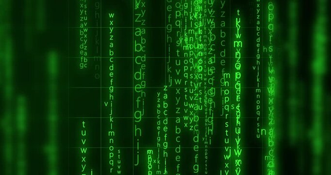 Neon Encrypted Digital Katakana Matrix Rain Alphabets Text. Dark technological backdrop evokes theme of Data Science, AI AGENTS, Communication. Ceaser text shown in e2e encryption. Sci-fi gaming bg

