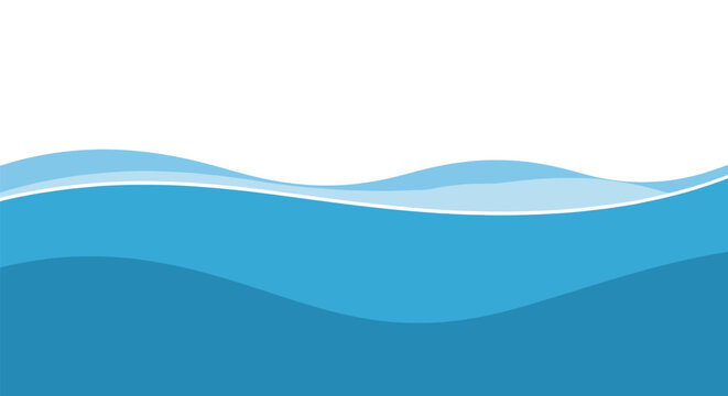 Minimalist blue water wave vector illustration with layered curved lines representing ocean ripples on a white background. Abstract sea surface graphic for clean background design.