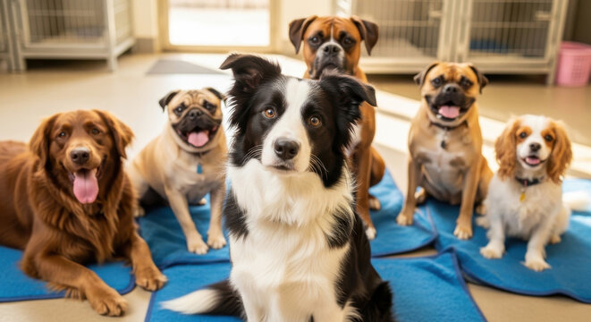A diverse group of seven dogs, including a Golden Retriever, Pugs, Boxer, Cavalier King Charles Spaniel, and Border Collie, sitting on blue mats in a well-lit room with kennels in the background.