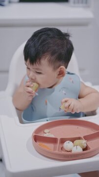 Asian Baby Using Finger to Feed Herself a Food with Baby Led Weaning Concept.Cute Asian baby boy eating finger food in high chair.