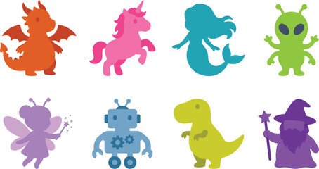 Fototapeta premium Fantasy and Sci-Fi Silhouette Illustrations Featuring Dragon, Unicorn, Mermaid, Alien and Wizard