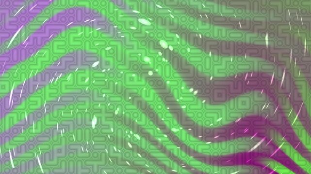 Abstract digital background with green and purple wavy patterns and geometric maze texture.