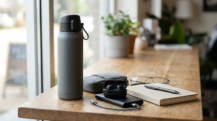 Grey reusable water bottle with notebook and pen on a wooden office desk by the bright window in the room. spill proof bottles