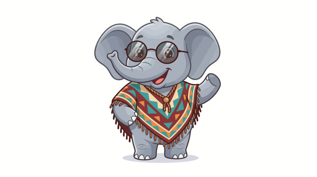 Cute cartoon elephant wearing sunglasses and a colorful patterned poncho waving hello.