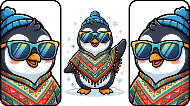 Cute cartoon penguin character wearing a colorful poncho and sunglasses in winter.