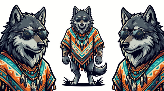Cool wolf character wearing a colorful tribal poncho and sunglasses in a cartoon illustration style.